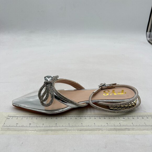 FYS Silver Pointed Toe Slingback Clear Block Low Heels Sparkly Rhinestone Sandal - Picture 2 of 8